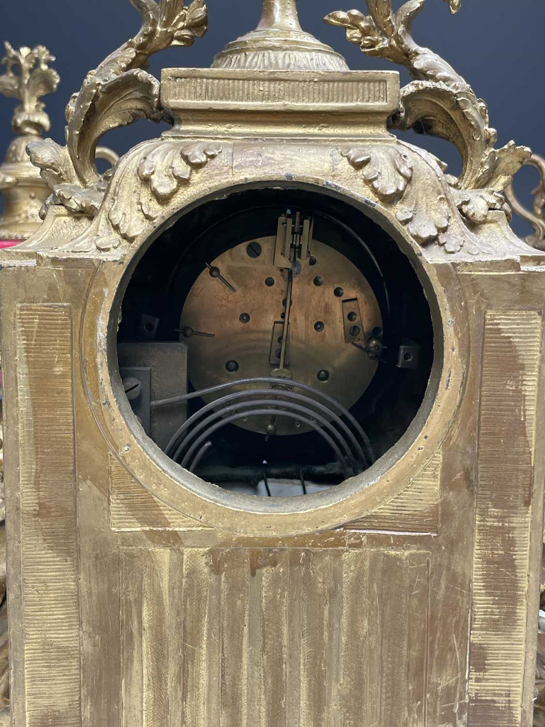 A 19th century gilt metal and porcelain three piece clock garniture, height of clock 56cm, width - Image 9 of 13