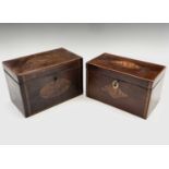 A George III mahogany tea caddy, with boxwood stringing and shell inlay, width 19cm, together with