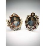 A pair of 18th century portraits in similar Neopolitan mother of pearl and tortoiseshell frames.