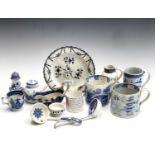 A collection of English blue and white pottery, to include an early 19th century pearlware mug,