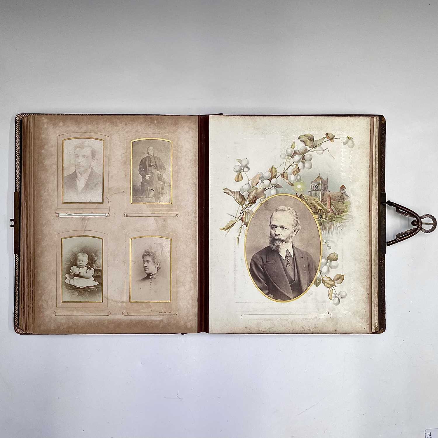 A late Victorian Harrison's musical photograph album, with assorted photos and colour litho pages, - Image 2 of 7