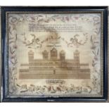 A Victorian sampler 'A Representation of Solomon's Temple' worked by A Hindley aged 9, embroidered