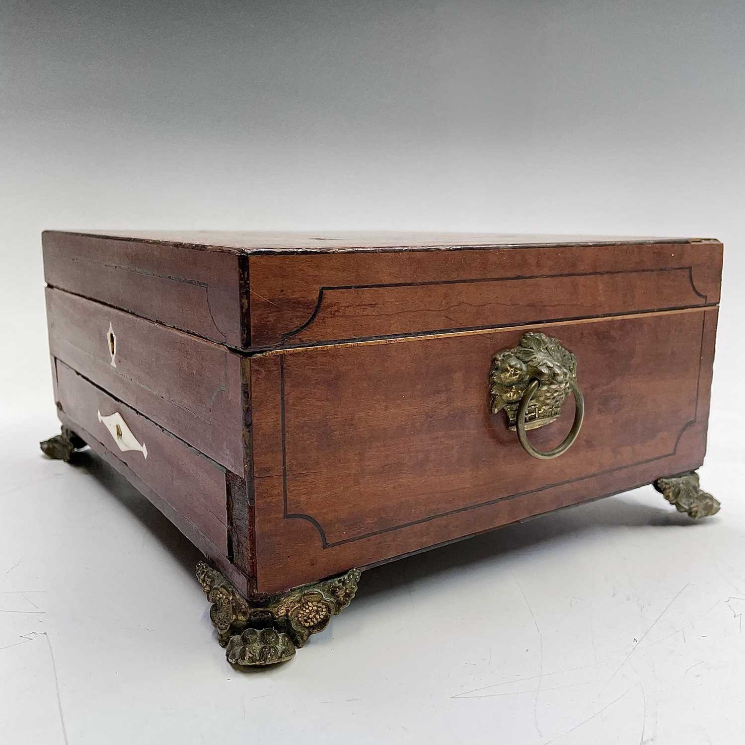 A Regency mahogany inlaid and crossbanded work box, with fitted interior and a lower drawer with - Image 3 of 7
