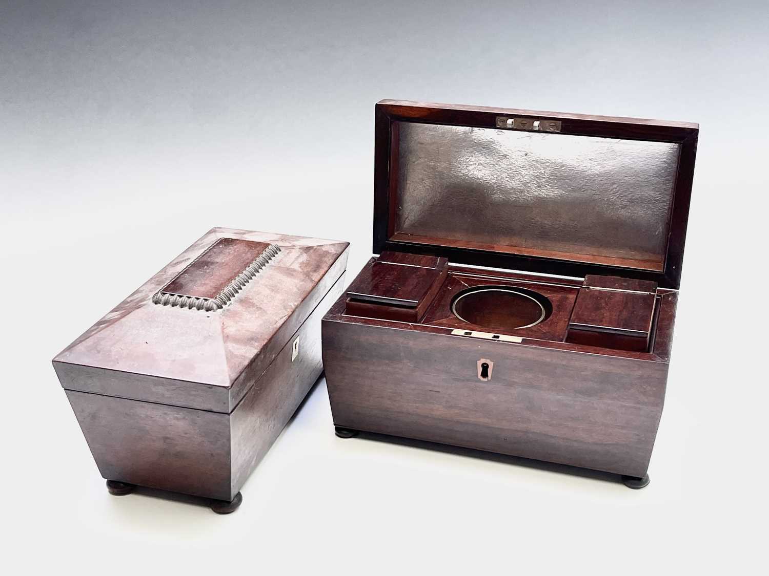 A William IV mahogany sarcophagus shape tea caddy, the interior fitted with two lidded compartments, - Image 3 of 7