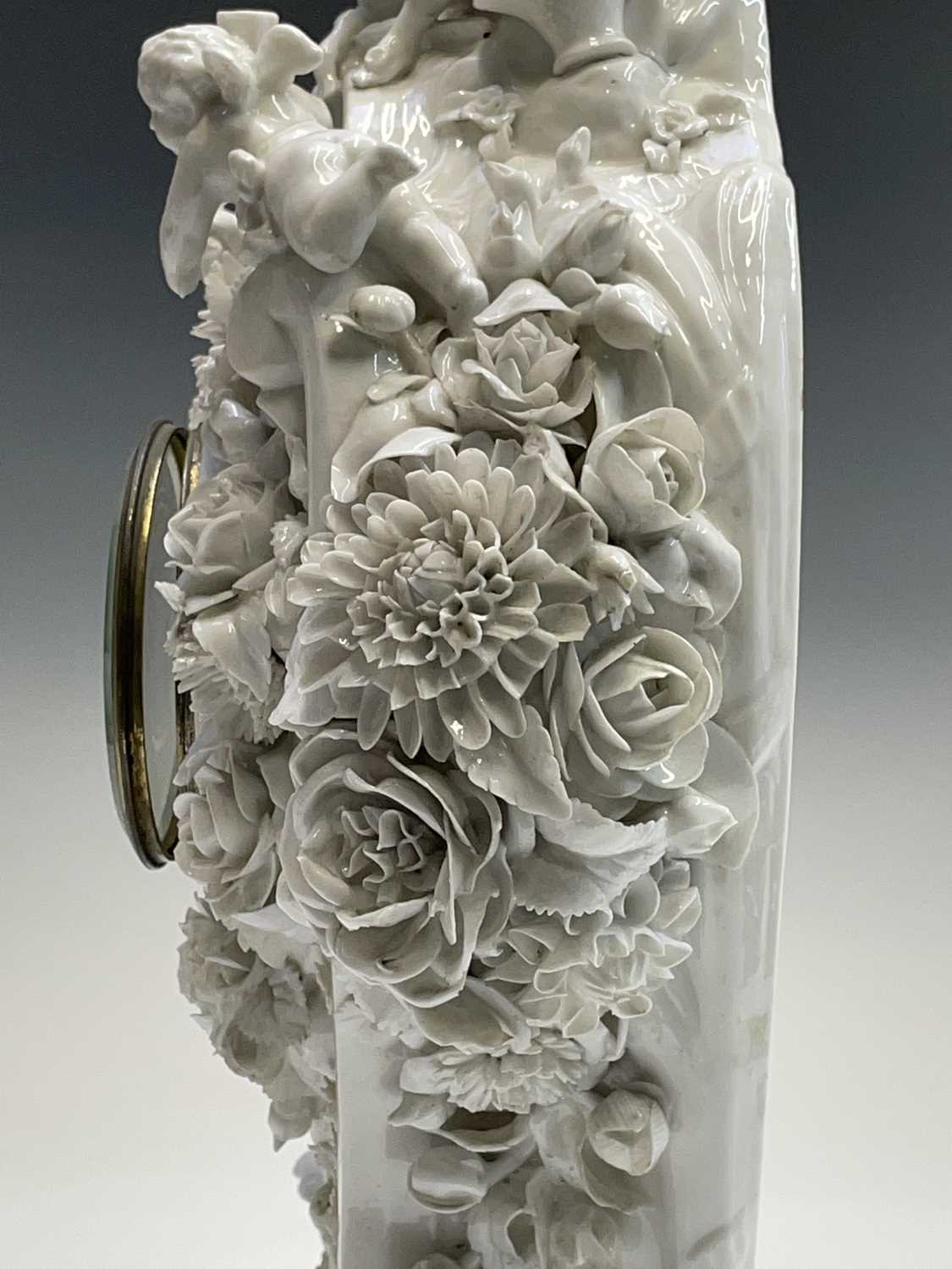 A 19th century French porcelain cased mantel clock by Vion & Baury, surmounted by a shepherdess, - Image 5 of 13