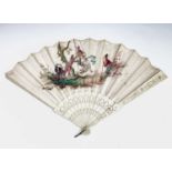 A 19th century carved bone fan, coloured with a figural scene, signed.