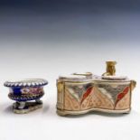 An English porcelain triple inkstand, circa 1820, painted in an Imari palette and of trefoil