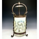 An Arts & Crafts copper hanging hall lantern, fitted with vaseline glass shade, perhaps Powell,