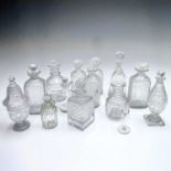 A 19th century cut glass square decanter and stopper of small size, height 18cm, together with other