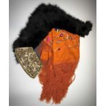 An orange silk foliate embroidered shawl with lace edge, together with a fur collar, a sequin clutch
