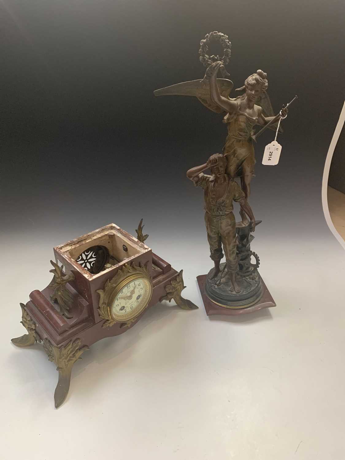 A French red marble clock, late 19th century, mounted with a spelter figure titled Gloire au - Image 10 of 10