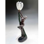 An Art Deco style painted plaster table lamp, modelled as a female nude, supporting the lamp in