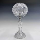 A cut glass table lamp and shade, with hobnail and foliate cut decoration, height 39cm.Condition