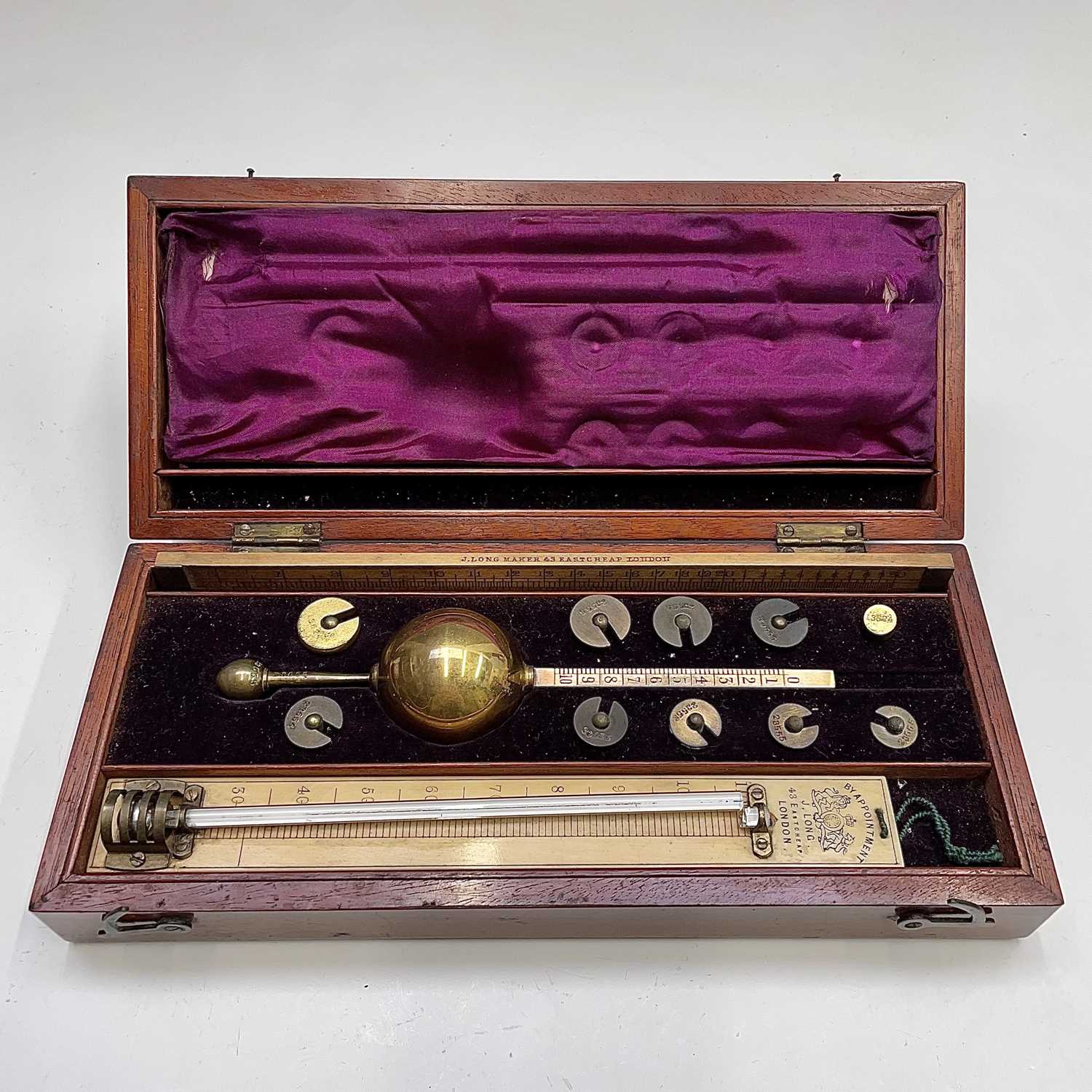 A Sike's Hydrometer, by J Long, London, the thermometer with ivory scale, mahogany case, width