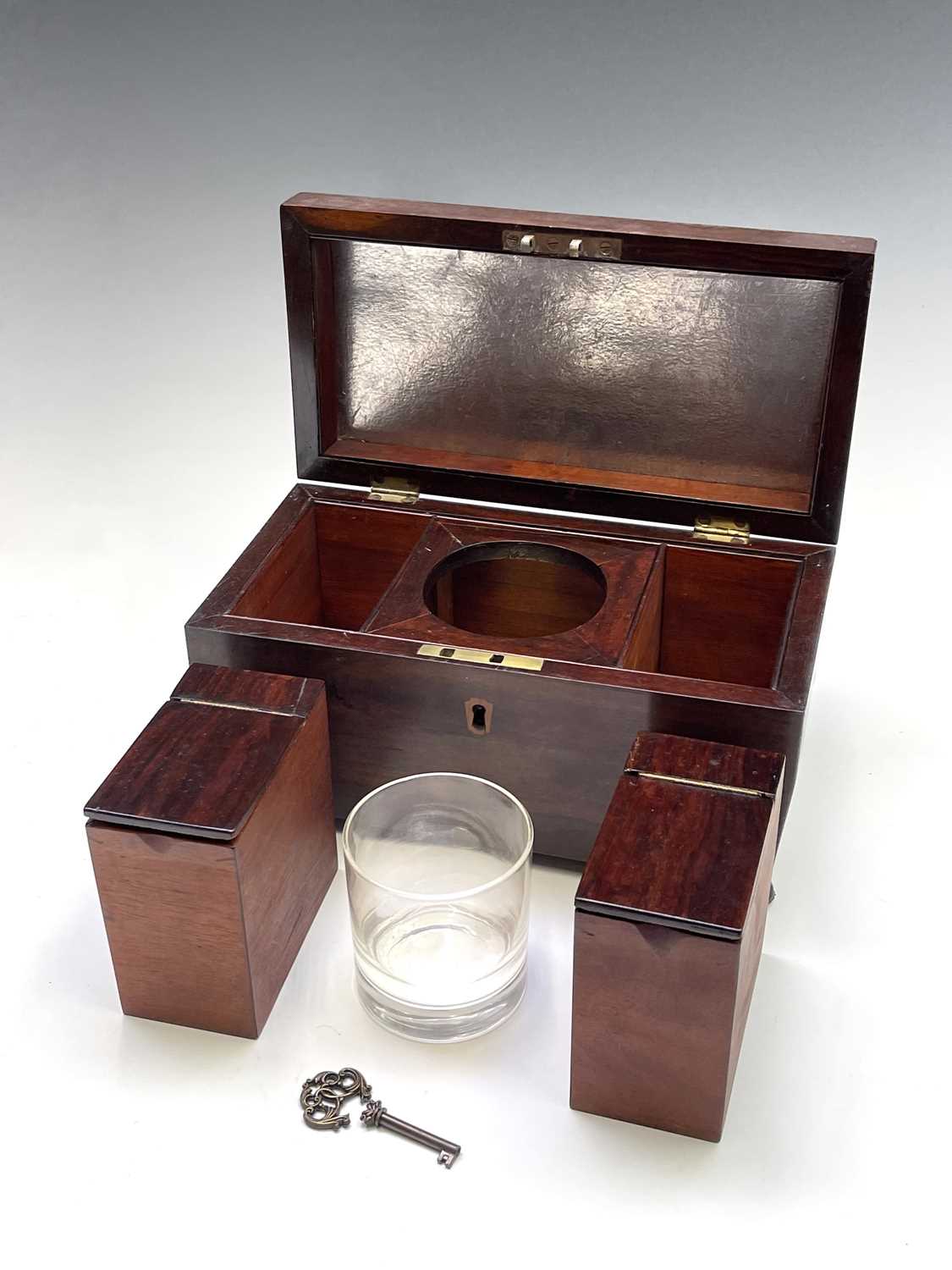 A William IV mahogany sarcophagus shape tea caddy, the interior fitted with two lidded compartments, - Image 4 of 7