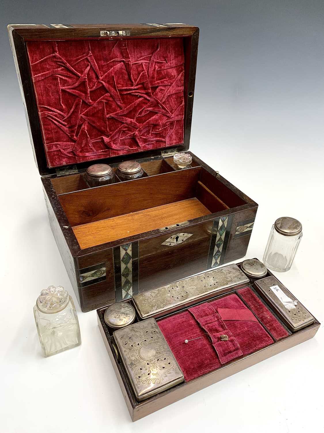 A Victorian rosewood, mother of pearl and abalone inlaid vanity box, fitted with jars and boxes with - Image 3 of 3