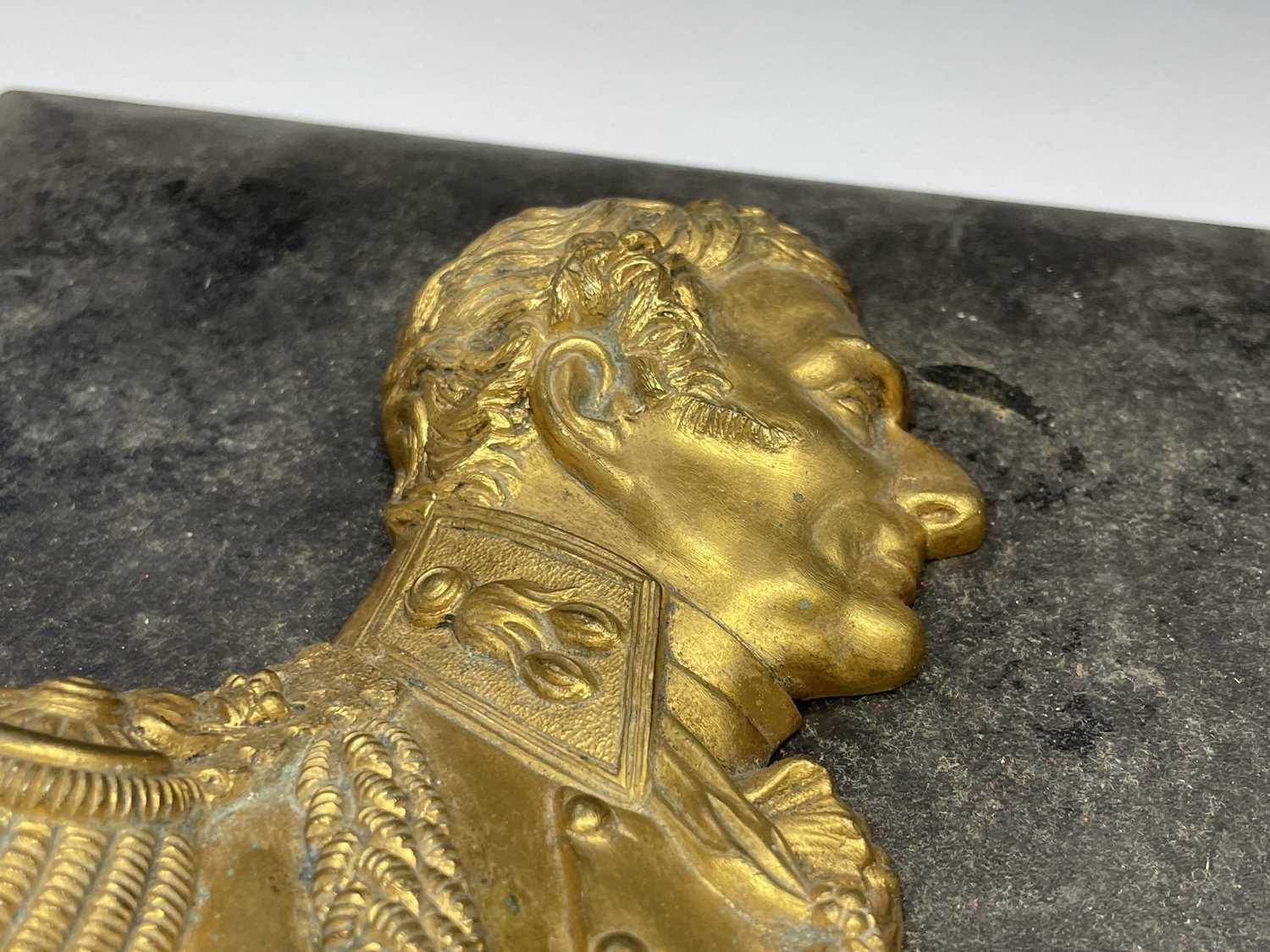 A gilt bronze profile bust of The Duke of Wellington, 19th century, mounted on a square hardwood - Image 7 of 9