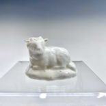 An English press moulded blanc de chine porcelain sheep, circa 1770. Height 4cm.