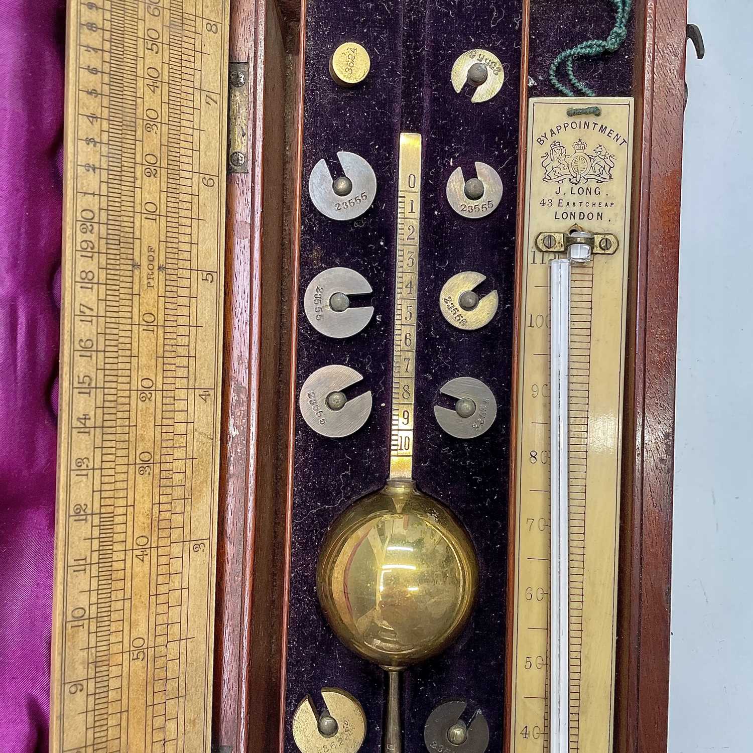 A Sike's Hydrometer, by J Long, London, the thermometer with ivory scale, mahogany case, width - Image 3 of 8