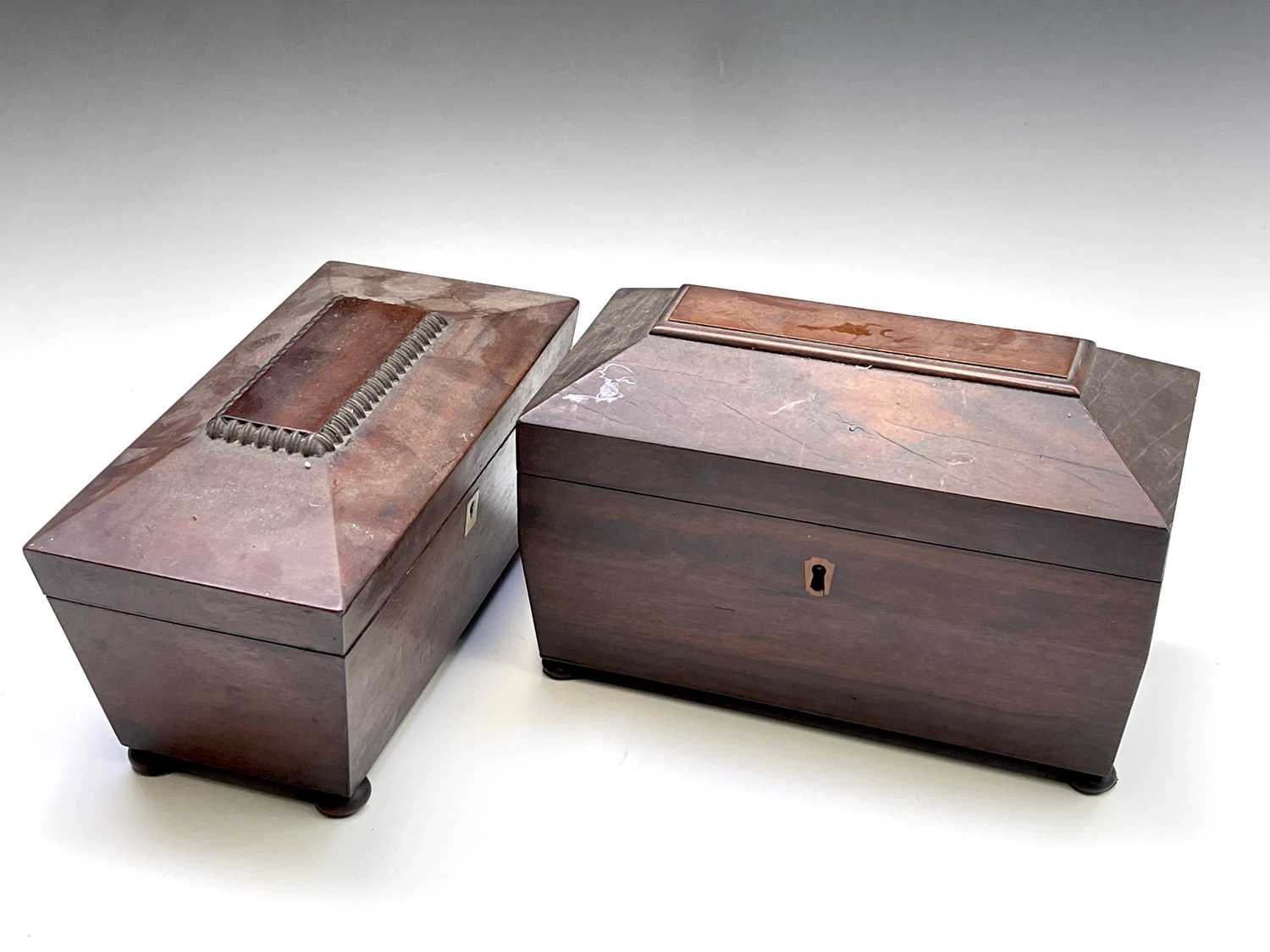 A William IV mahogany sarcophagus shape tea caddy, the interior fitted with two lidded compartments, - Image 2 of 7