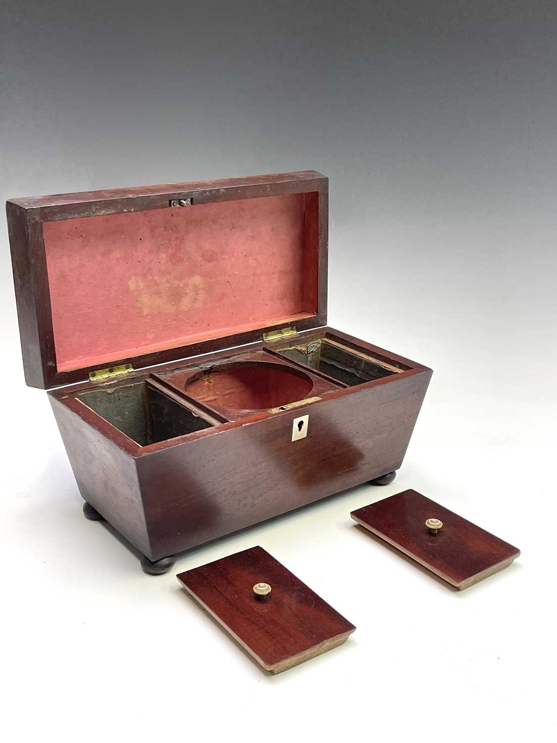 A William IV mahogany sarcophagus shape tea caddy, the interior fitted with two lidded compartments, - Image 6 of 7