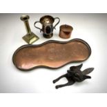A Victorian brass door knocker, cast as a fox, height 26cm, an old Sheffield plate loving cup, a
