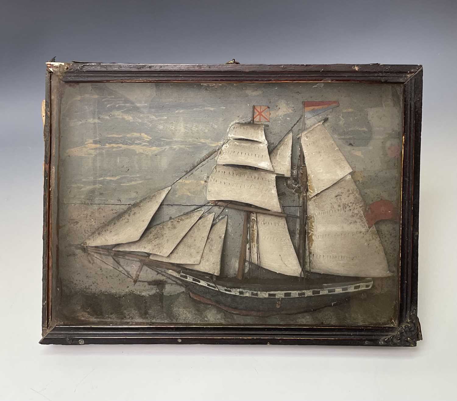 A 19th century diorama of a two-masted ship fully rigged, in glazed case. Height 29cm, width 38cm, - Image 2 of 7