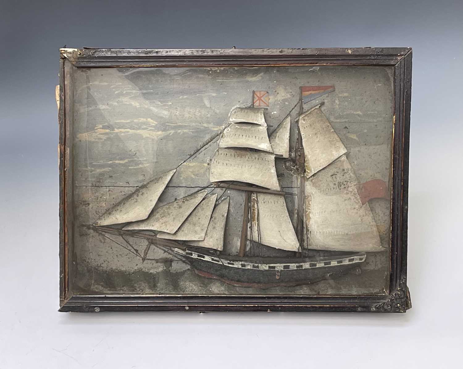 A 19th century diorama of a two-masted ship fully rigged, in glazed case. Height 29cm, width 38cm,