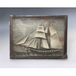 A 19th century diorama of a two-masted ship fully rigged, in glazed case. Height 29cm, width 38cm,