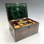 A rosewood and brass inlaid work/travel box, mid 19th century, with fitted mirror, lidded