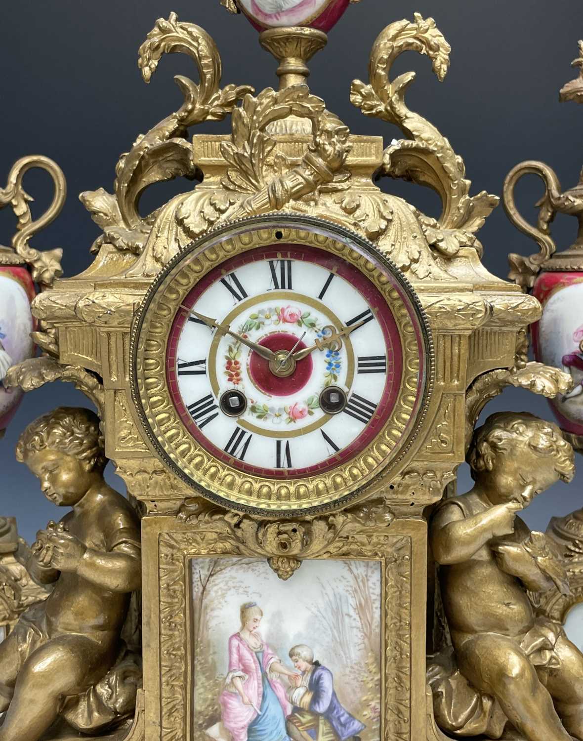A 19th century gilt metal and porcelain three piece clock garniture, height of clock 56cm, width - Image 4 of 13