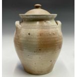 A large Svend Bayer studio pottery twin handled lidded storage jar and cover. Height 49cm.