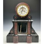 A Victorian black slate and red marble mantel clock, with large mercury filled pendulum, 48cm, width