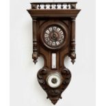 A French walnut cased eight day wall clock, the case also mounted with an aneroid barometer and a