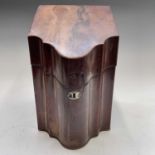 A George III mahogany slope front knife box, with double serpentine front and line inlaid and