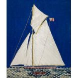 A late 19th/early 20th century woolwork ship portrait of the yacht 'Defender' (America's Cup