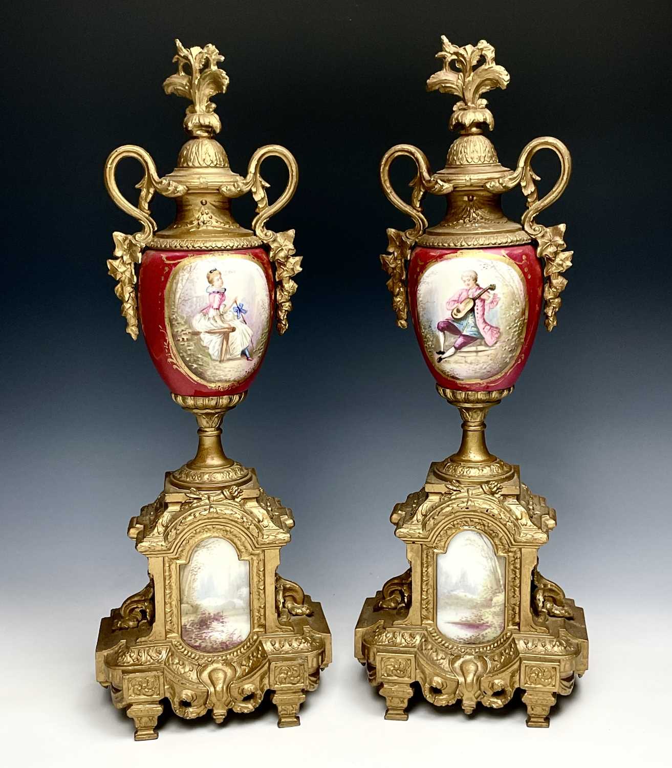 A 19th century gilt metal and porcelain three piece clock garniture, height of clock 56cm, width - Image 8 of 13