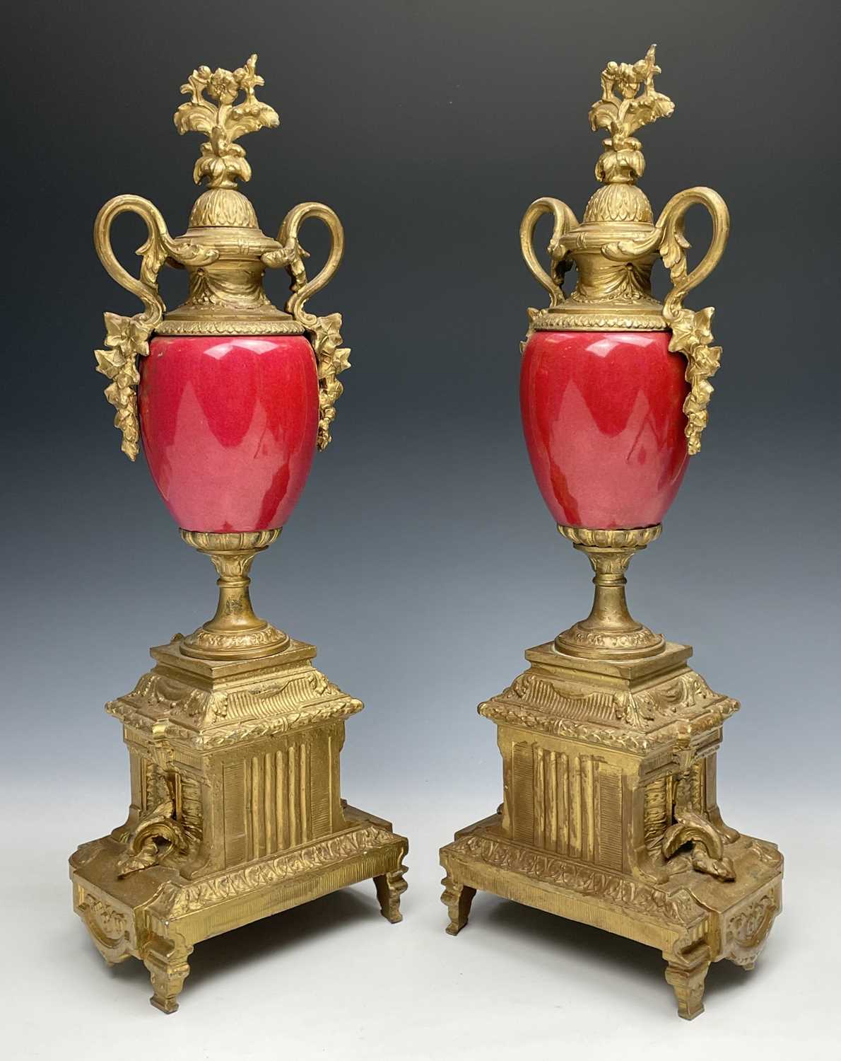 A 19th century gilt metal and porcelain three piece clock garniture, height of clock 56cm, width - Image 13 of 13