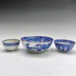 A pearlware blue and white bowl, circa 1820, printed with a version of the willow pattern,