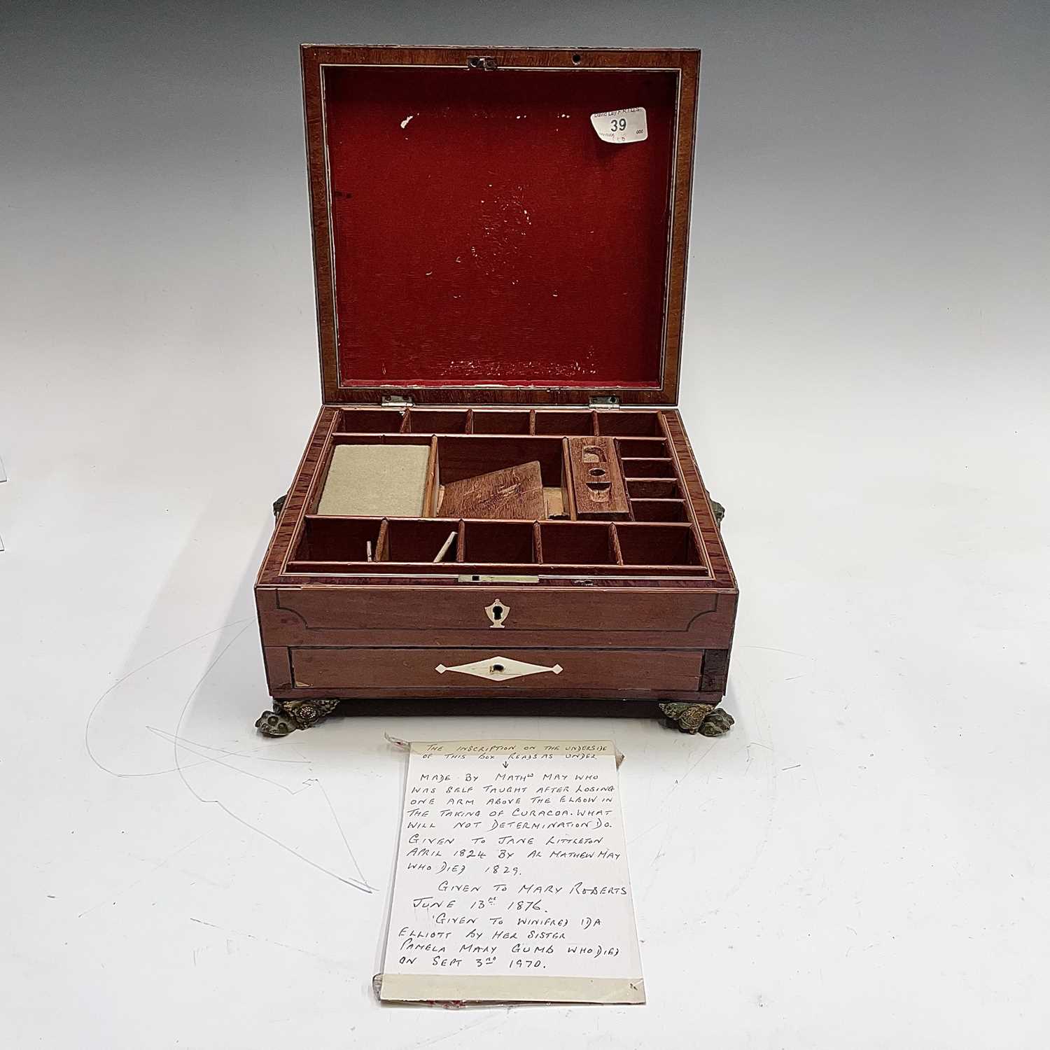 A Regency mahogany inlaid and crossbanded work box, with fitted interior and a lower drawer with - Image 7 of 7