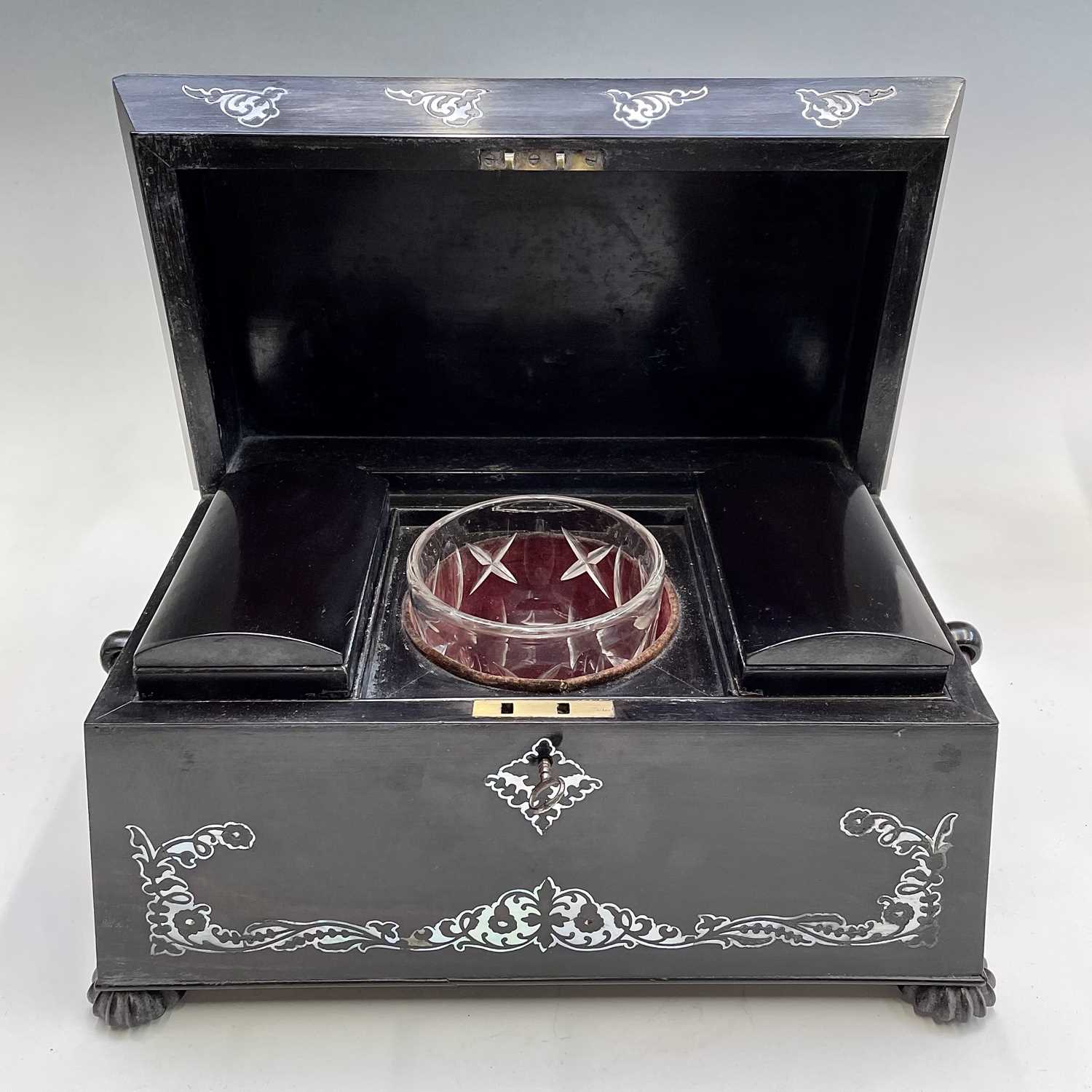 A Regency coromandel tea caddy with mother of pearl inlay, of sarcophagus form, the two lidded - Image 3 of 6