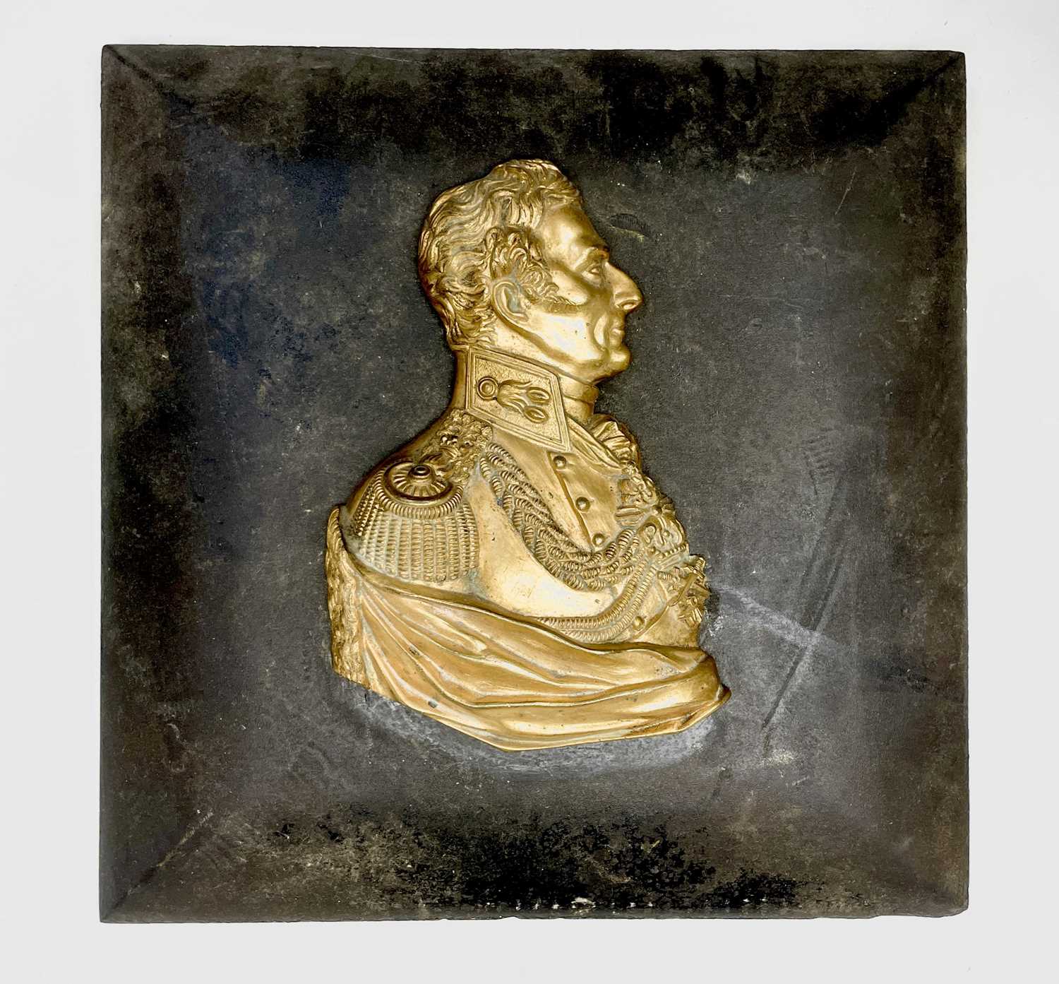 A gilt bronze profile bust of The Duke of Wellington, 19th century, mounted on a square hardwood - Image 8 of 9