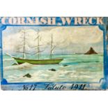 A painted rectangular panel entitled 'Cornish Wreck No. 17 Saluto 1911', depicting the ship