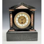 A Victorian black slate and red marble mantel clock, with pendulum and winder, height 27.5cm,