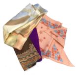 A Liberty silk pocket square, Jacqmar pointed scarf, another silk scarf and a silk chiffon scarf
