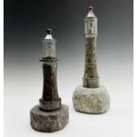 A Cornish serpentine table lamp, modelled as a lighthouse on a rocky base, height 38.5cm, together