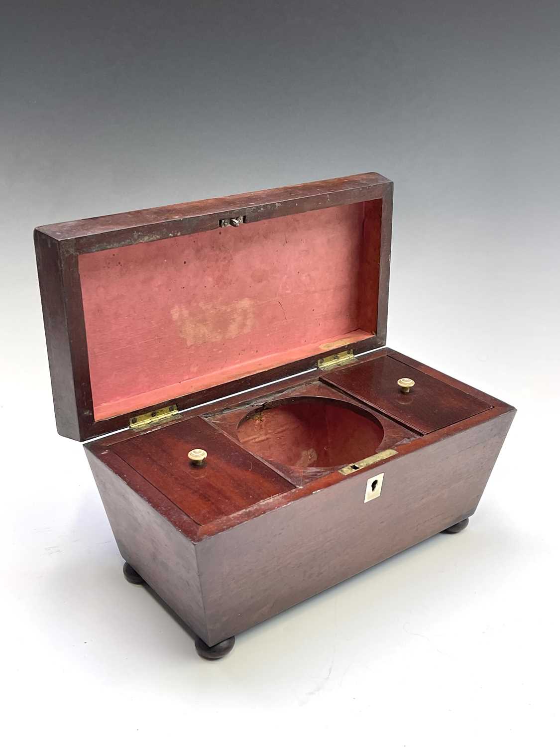 A William IV mahogany sarcophagus shape tea caddy, the interior fitted with two lidded compartments, - Image 7 of 7