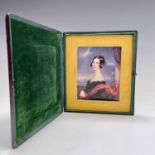 A 19th-century miniature portrait of a young woman before a landscape 13x10.5cm Leather-bound