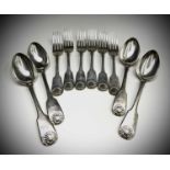 A set of six fiddle and shell pattern crested table forks by William, Charles & Henry Eley London