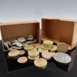 Silver 3d coins including some Victorian 68.1gm together with brass 3d etc.